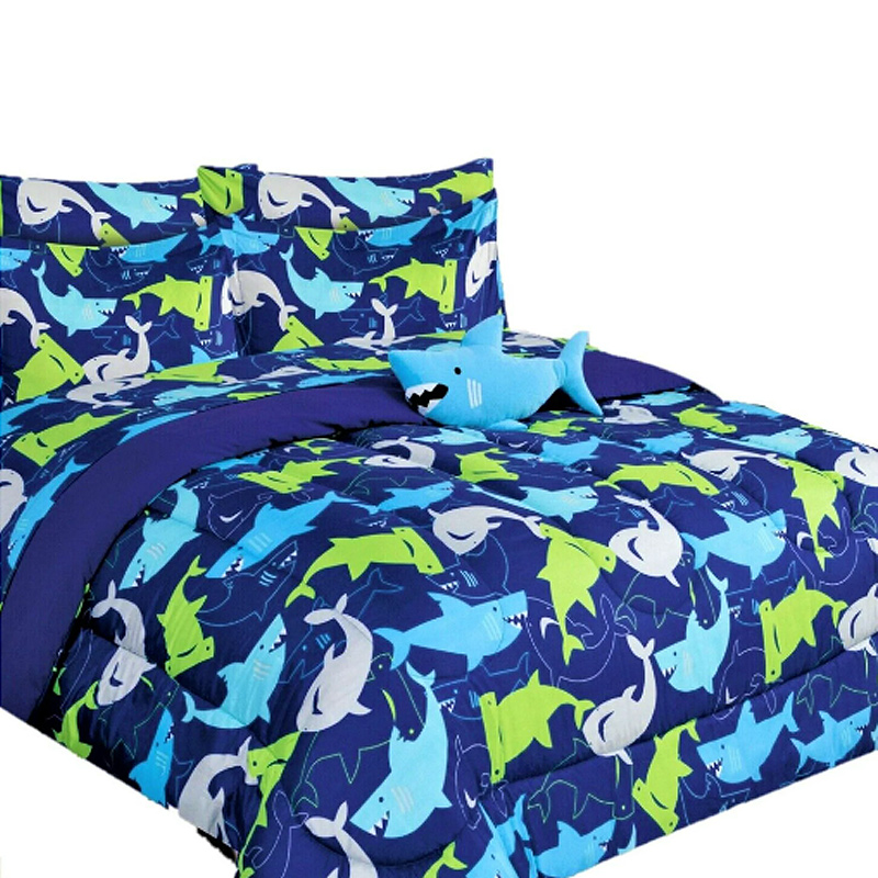Kids 6 Piece Twin Shark Blue Comforter Bedding Set with furry friend