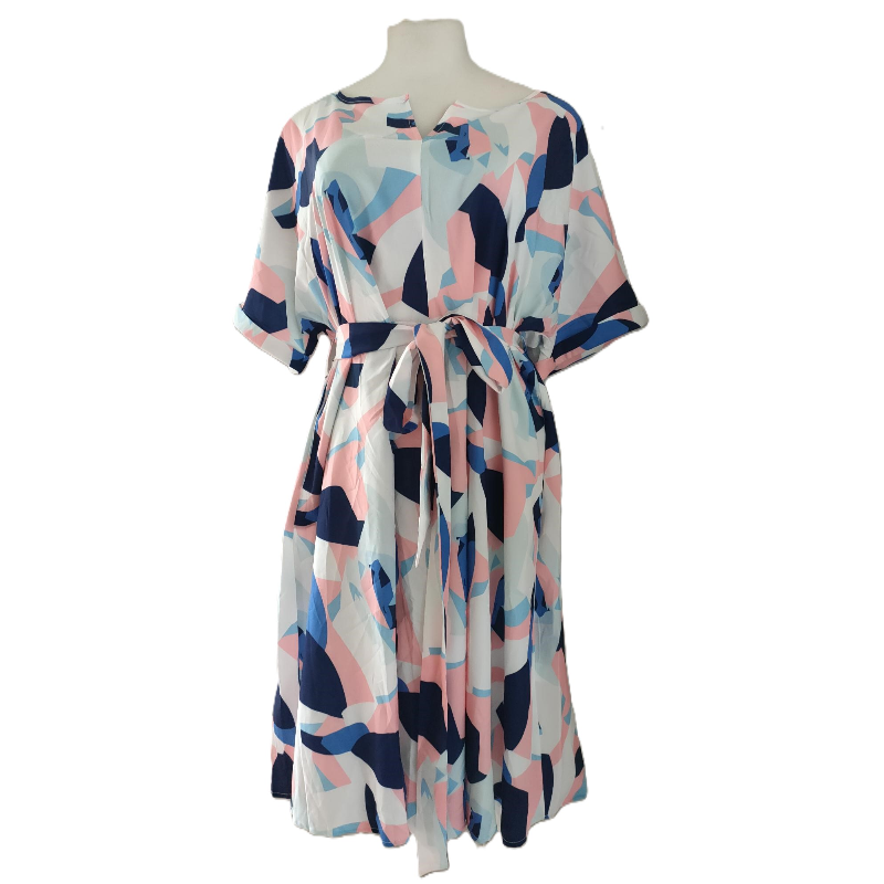 BloomChic – Geometric V-Notch Collar Short Sleeve Belted Midi Dress