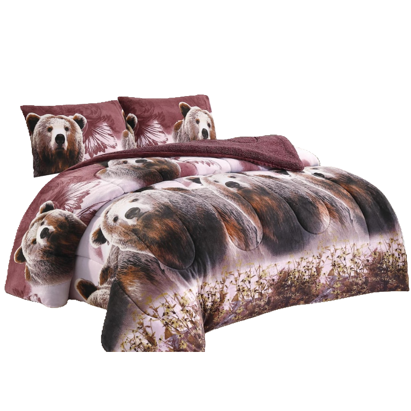 Bear Design Blanket – 3 Piece Nova Printed Flannel Borrego Set