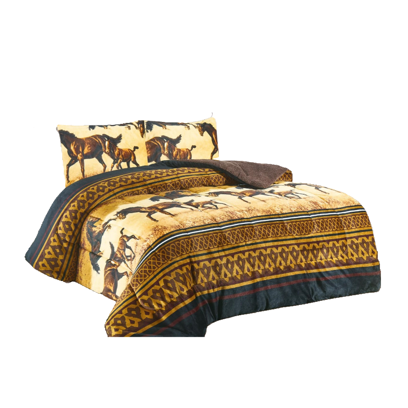 Horse Design Blanket – Nova Printed Flannel Borrego 3 Piece Queen Size Set