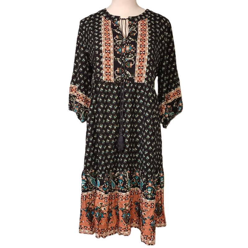 Bloomchic Bandana Tassels Lantern Sleeve Ruffle Keyhole Neck Dress