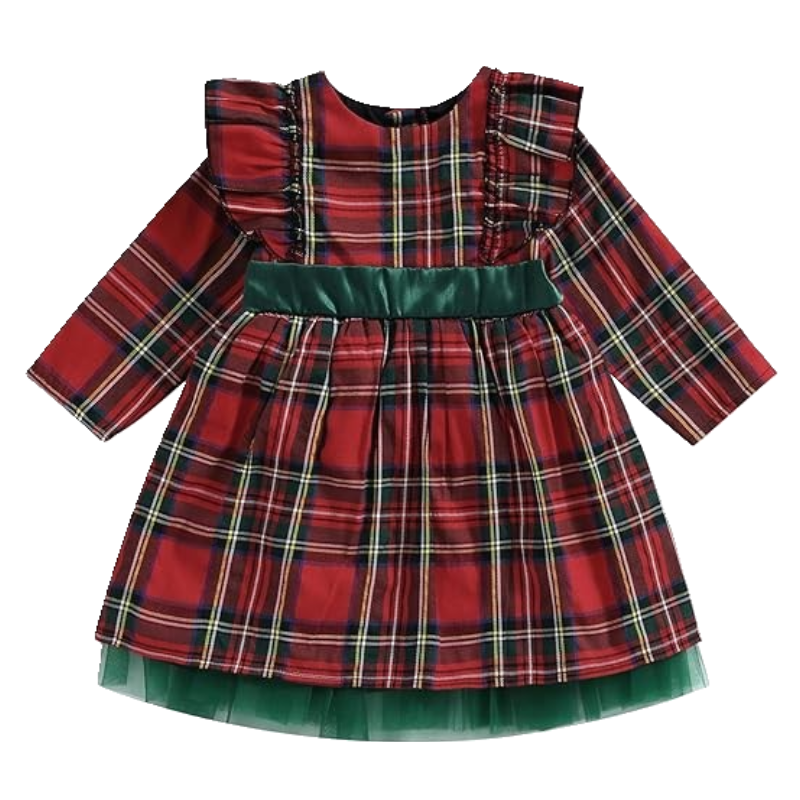 Girls Long Sleeves Mesh Patchwork Plaid Dress